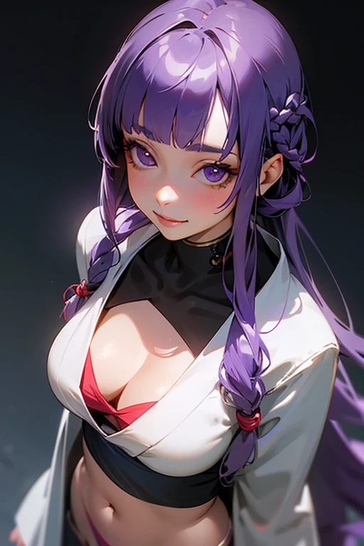 1 girl, Blunt bangs, Braiding, Wide sleeves, hair ornaments,Obi says, (Purple Hair:1.2), Very long hair, Straight hair, Looking at the audience, Highly detailed background, (Realistic:1.2), Beautiful Eyes, Red eyeshadow, Written boundary depth,thigh, (Urzan-6500:0.7), Upper Body, (alone:1.2), (Cyberpunk City:1.1), Cleavage,,Glowing Skin、(Navel exposed).((Face close-up))、((smile))、(look up)、(White clothes).Looking up