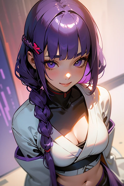 1 Girl, Blunt bangs, Braiding, Wide sleeves, hair ornaments, kimono, Says Obi, (Purple Hair:1.2), Very long hair, Straight hair, Looking at the audience, Highly detailed background, (Realistic:1.2), Beautiful Eyes, Red eyeshadow, Written boundary depth,thigh, (Urzan-6500:0.7), Upper Body, (alone:1.2), (Cyberpunk City:1.1), Cleavage,,Shiny skin、(Belly button exposed).((Face close-up))