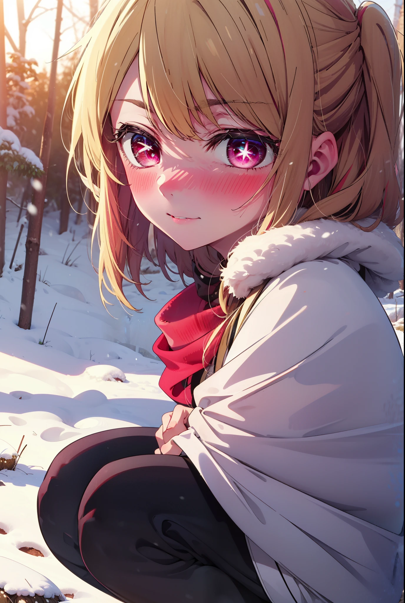 rubyhoshino, Hoshino Ruby, Long Hair, bangs, blonde, (Pink Eyes:1.3), Side Lock, (Symbol-shaped pupil:1.5), Multicolored Hair, Two-tone hair, smile,,smile,blush,white breath,
Open your mouth,snow,Ground bonfire, Outdoor, boots, snowing, From the side, wood, suitcase, Cape, Blurred, , forest, White handbag, nature,  Squat, Mouth closed, Cape, winter, Written boundary depth, Black shoes, red Cape break looking at viewer, Upper Body, whole body, break Outdoor, forest, nature, break (masterpiece:1.2), Highest quality, High resolution, unity 8k wallpaper, (shape:0.8), (Beautiful and beautiful eyes:1.6), Highly detailed face, Perfect lighting, Extremely detailed CG, (Perfect hands, Perfect ???????),
