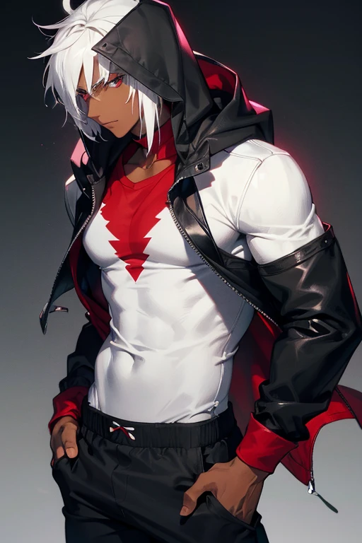 white spikey medium-length hair, dark skin, dark-skinned male, open black hooded jacket, red t-shirt, black pants