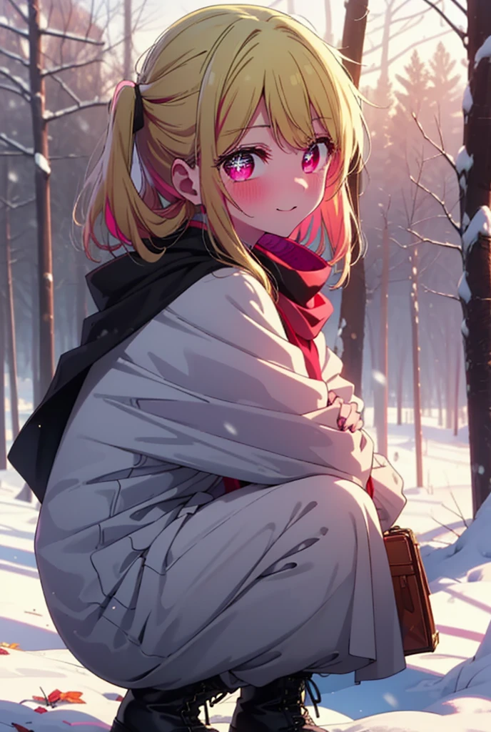 rubyhoshino, Hoshino Ruby, Long Hair, bangs, blonde, (Pink Eyes:1.3), Side Lock, (Symbol-shaped pupil:1.5), Multicolored Hair, Two-tone hair, smile,,smile,blush,white breath,
Open your mouth,snow,Ground bonfire, Outdoor, boots, snowing, From the side, wood, suitcase, Cape, Blurred, , forest, White handbag, nature, Squat, Mouth closed, Cape, winter, Written boundary depth, Black shoes, red Cape break looking at viewer, Upper Body, whole body, break Outdoor, forest, nature, break (masterpiece:1.2), Highest quality, High resolution, unity 8k wallpaper, (shape:0.8), (Beautiful and beautiful eyes:1.6), Highly detailed face, Perfect lighting, Extremely detailed CG, (Perfect hands, Perfect Anatomy),