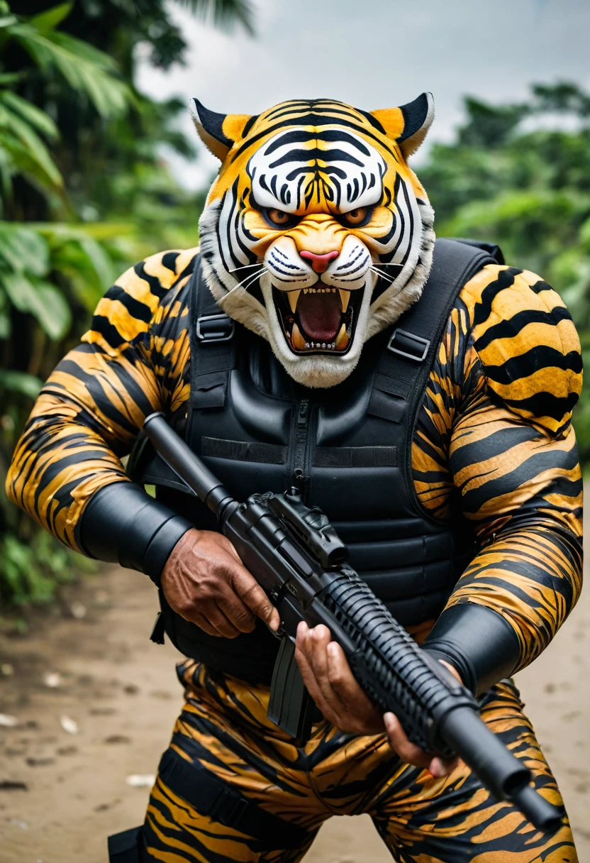 (a dark-skinned fat muscular old man in a bulky camouflage zipper diver suit) shooting with a gun and (wearing roaring siberian tiger mask that show the wearer eyes), muscular, Basuki Abdullah, sumatraism, action, a character portrait, heroic, fierce, snarling, raising fist