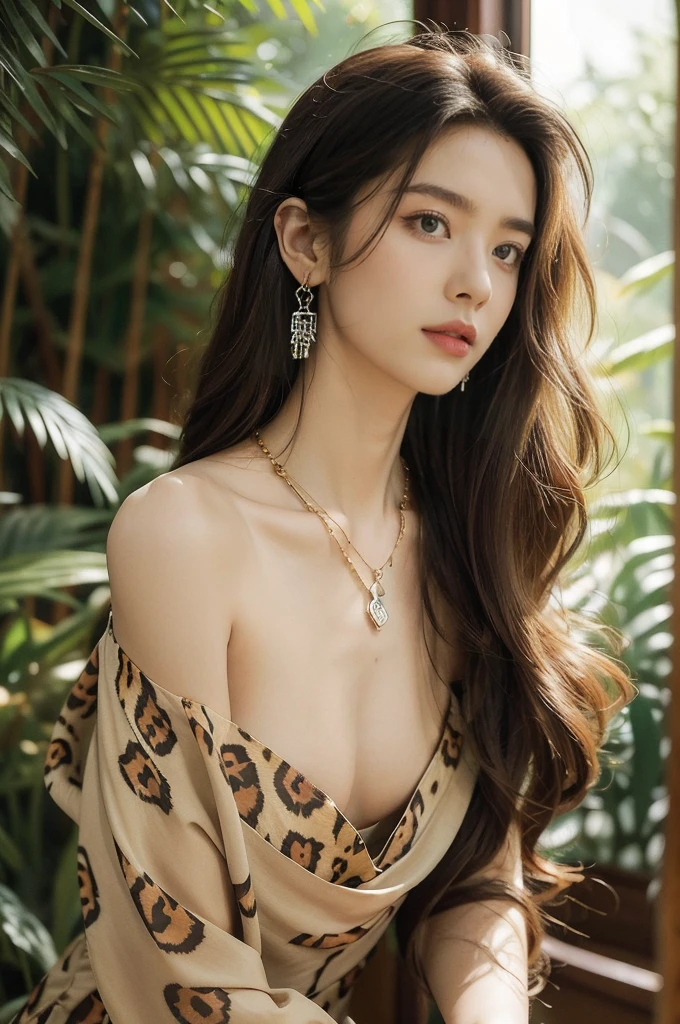 (((best quality))),(((ultra detailed))),(((masterpiece))),illustration,((1 beautiful girl,solo)),(shoulder length messy hair:1.2),((Beast bone earrings and necklace)),((slim,thin)),((small breasts,flat chest)),(slender legs:1.2),fair complexion,(leopard print panel dress:1.3),seductive,wild spirit,lush forest,primitive,tall trees,green canopy, sunlight filter,scent of earth,bird chirping,small creatures,secluded spot,captivating,enigmatic,raw energy,untamed spirit,morden day Eve,Garden of Eden,playful,adventurous,striking appearance,exotic setting,summertime,heat,humidity,vibrant colours,endless possibilities,exquisite detail,expansive wilderness,feminine allure,((from front,upper body))