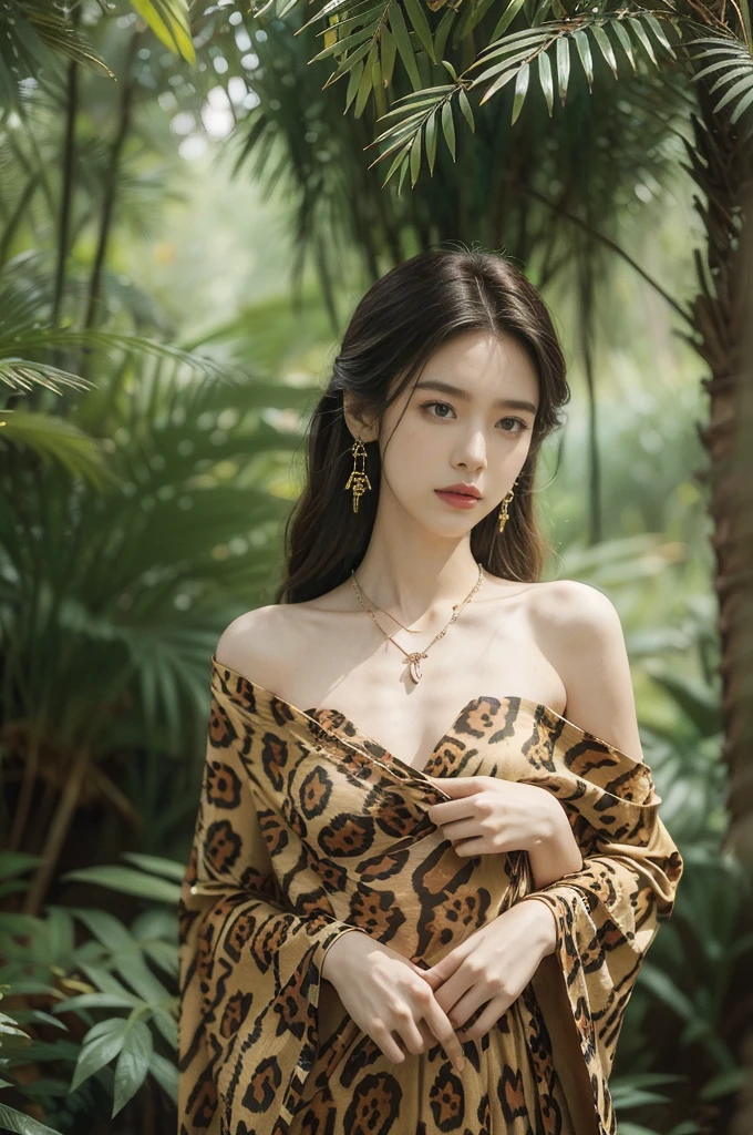 (((best quality))),(((ultra detailed))),(((masterpiece))),illustration,((1 beautiful girl,solo)),(shoulder length messy hair:1.2),((Beast bone earrings and necklace)),((slim,thin)),((small breasts,flat chest)),(slender legs:1.2),fair complexion,(leopard print panel dress:1.3),seductive,wild spirit,lush forest,primitive,tall trees,green canopy, sunlight filter,scent of earth,bird chirping,small creatures,secluded spot,captivating,enigmatic,raw energy,untamed spirit,morden day Eve,Garden of Eden,playful,adventurous,striking appearance,exotic setting,summertime,heat,humidity,vibrant colours,endless possibilities,exquisite detail,expansive wilderness,feminine allure,((from front,upper body))