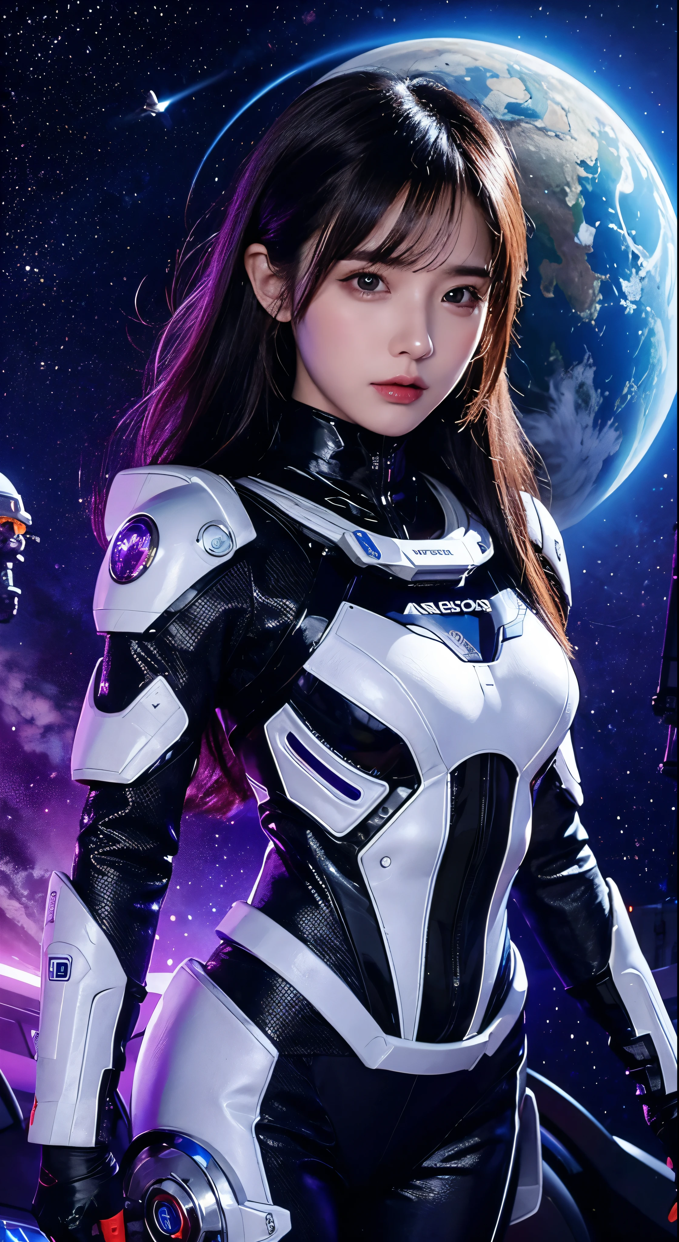 Arafee image of a woman in a futuristic suit with a spaceship in the background、In front of the planet background、Cinematic art、Female protagonist、Megastructure in the background、AI Astronaut Portrait、Astronaut Skeletor portrait、Perfect android girl、Beautiful astronaut，Facial details