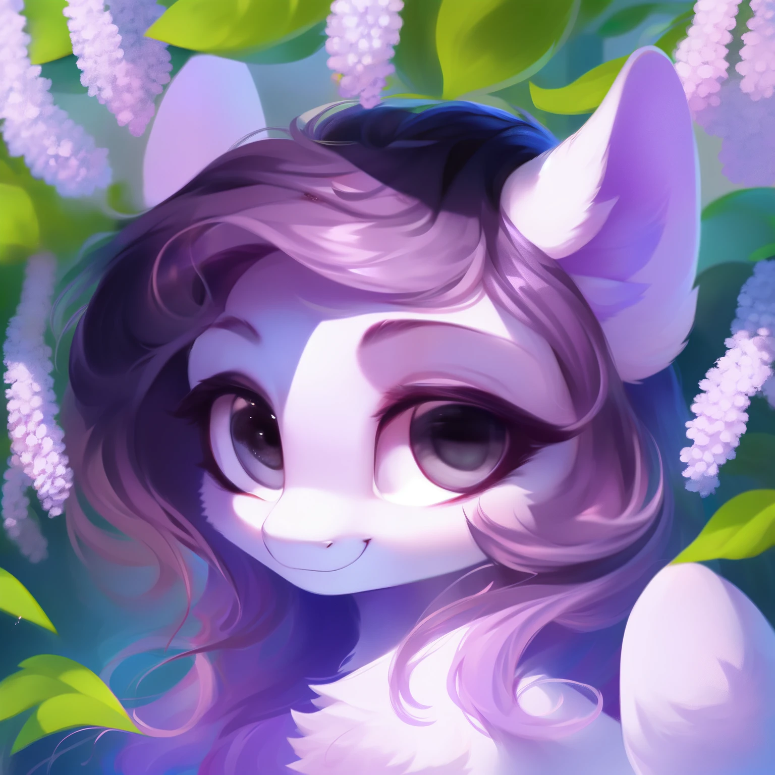 rating_safe, score_9, fluffy, feral pegasus pony, female,round cute face, Lavender purple body, black-purple mane, disheveled hair, soft and delicate long hair, clear grey eyes, grey eyes, smiling. dynamic。young and beautiful