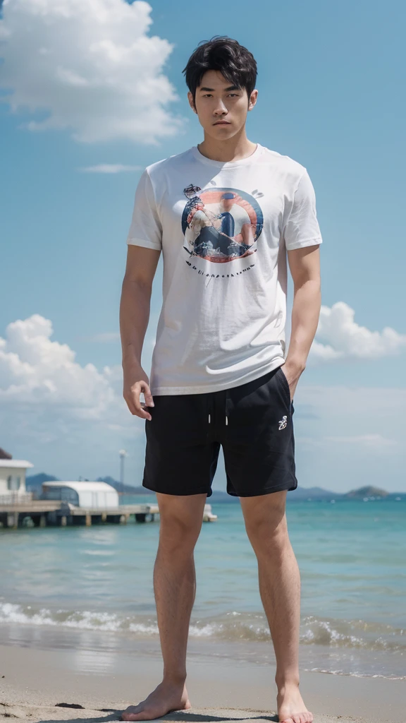 (super sharp focus), (Hairy legs), (((full body))), Japanese man, twenty years old, very short hair, black hair, wearing shorts, drawing of a muscular young man, the young man is a high school student with long bangs, showing off his huge muscular round ass, inspired by Cyril Rolland, animation art wallpaper 4k, sky blue and peach gradation, seagulls are flying, beautiful illustrations with a delicate touch, t-shirt
