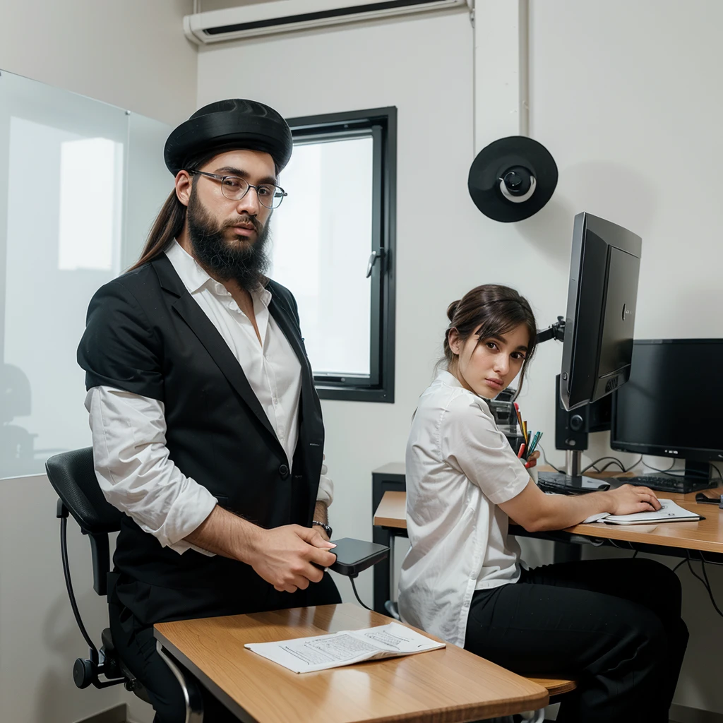 An ultra-Orthodox Jewish man with a beard wearing a white shirt and black pants that cover the whole leg sits on a fancy office chair and looks with pleasure and satisfaction at a robot that is finishing drawing an amazing work on the computer screen on the side on the table there are two used coffee cups and one half full and he touches the half full cup with one hand The robot is already tired The image is realistic and creates an amazing optical feeling and everything is inside a fancy office