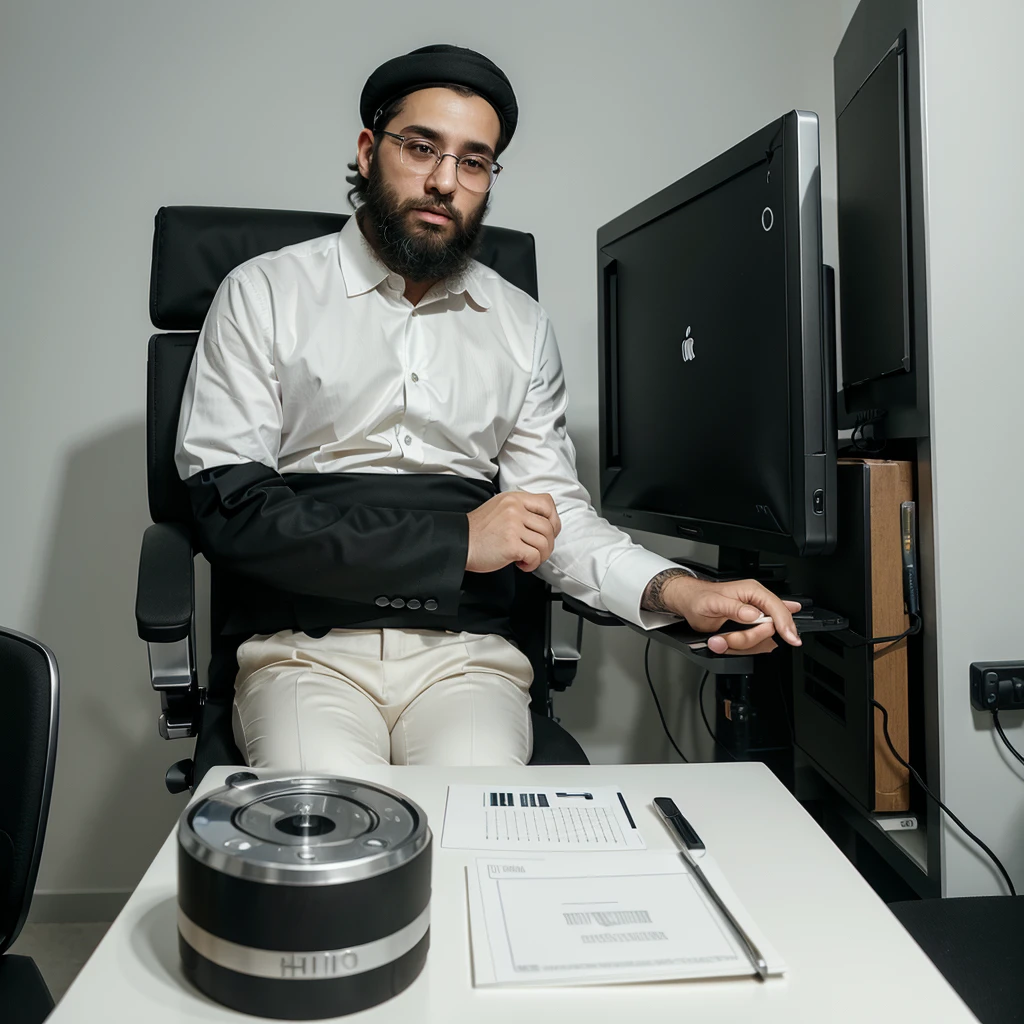 An ultra-Orthodox Jewish man with a beard wearing a white shirt and black pants that cover the whole leg sits on a fancy office chair and looks with pleasure and satisfaction at a robot that is finishing drawing an amazing work on the computer screen on the side on the table there are two used coffee cups and one half full and he touches the half full cup with one hand The robot is already tired The image is realistic and creates an amazing optical feeling and everything is inside a fancy office
