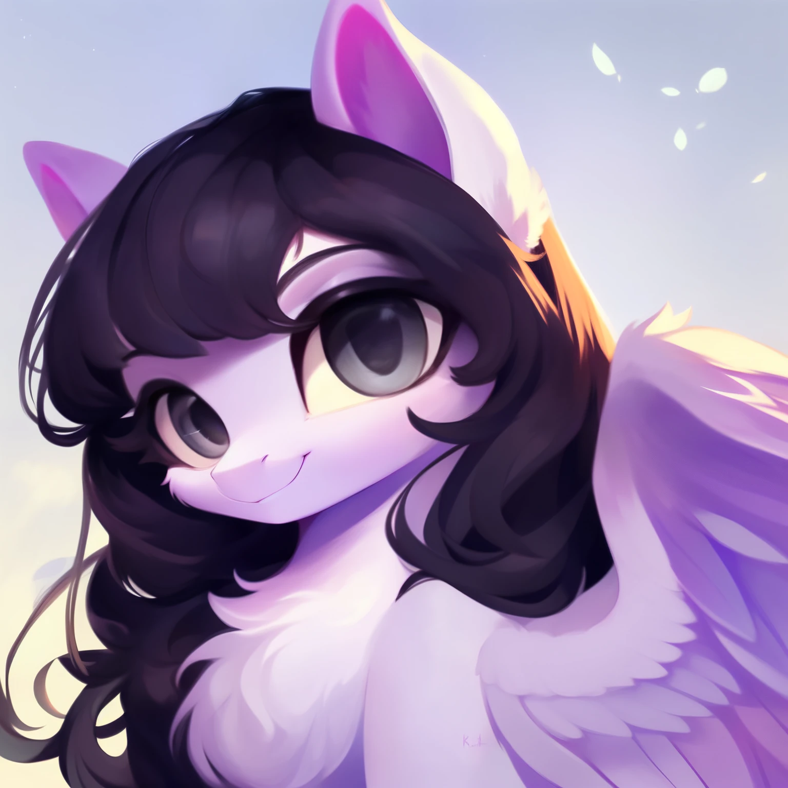 rating_safe, score_9, fluffy, feral pegasus pony, female,round cute face， Lavender purple body, black-purple mane, disheveled hair, soft and delicate long hair, clear grey eyes, grey eyes, smiling. dynamic。young and beautiful
