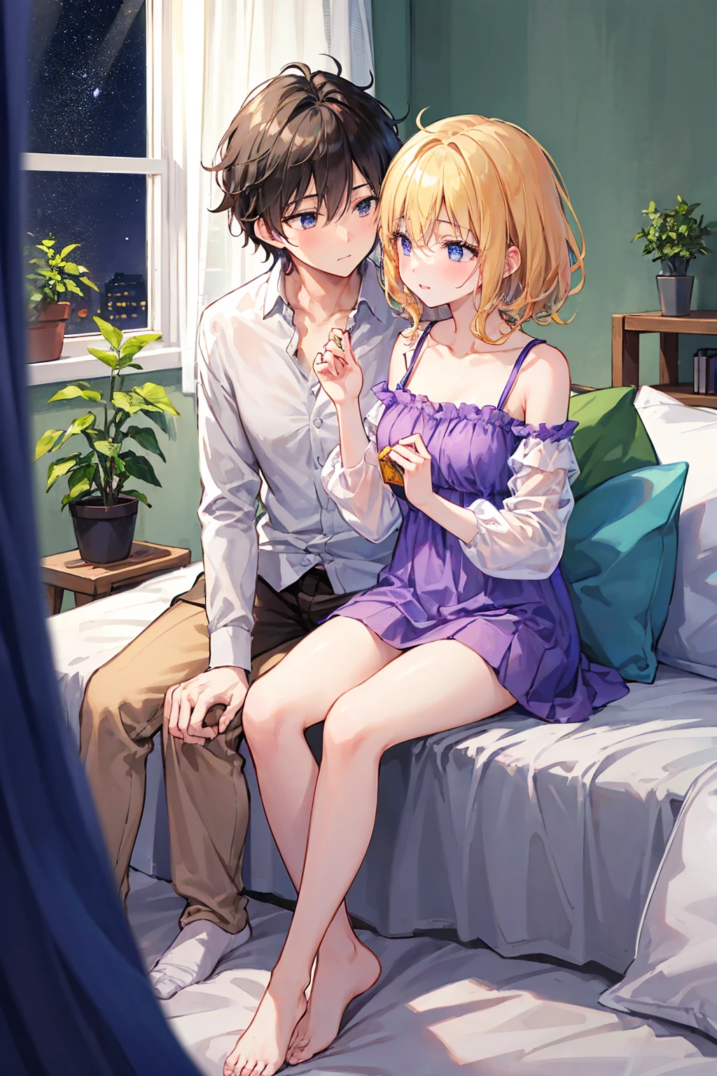 (Tabletop)(High definition)Couple in their 20ale1名, woman1名、Unisex light clothing、woman向けロマンス、Shiny atmosphere、Glossy appearance、Happily、Beautiful poop、Devour each other according to your desires、interview、maleがwomanの胸や体を触る、womanがmaleにキスをする、make out、woman(Brown medium-long hair、Small breasts、negligee、Close ~ eyes)、Sweet Sigh、male(Black short hair、Half-taken off shirt、Show off your legs、強くClose ~ eyes)、background(room、bed、Turn off the light、I closed the curtains.)、The night deepens、dim、((Highest quality)), (Very detailed), (High definitionCG合成8K壁紙), 高いly detailed, 高い-definition raw colbor photos, Professional photography, Written boundary depth,