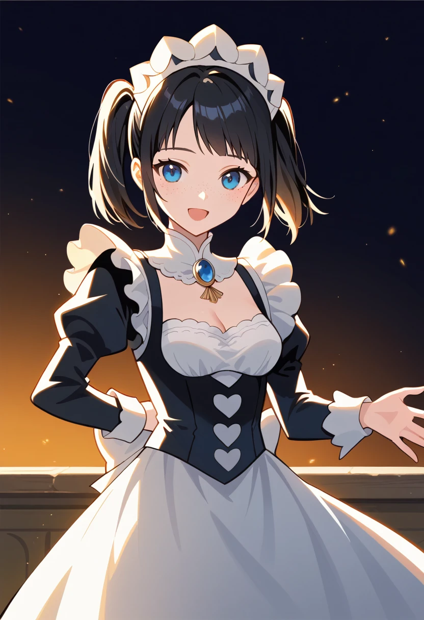 score_9, score_8_up, score_7_up, source_anime, best quality, high resolution, masterpiece, absurdres,vector trace,anime screencap, key art style, cinematic lighting, morning, 1girl, solo, standing, (upper body, close-up), medieval, dark background, ballroom, maid, happy, french maid outfit, cleavage, freckles, twin-tails, teenager, medium breasts, eccentric, black hair, blue eyes, :D, hand against skirt