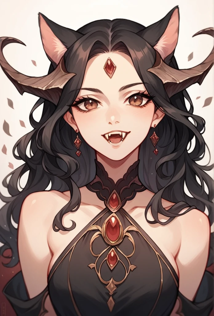 A beautiful woman, long wavy black hair, brown eyes, cat ears and tail, fangs, beautiful dress, horns, halfbody, fantasy world background
