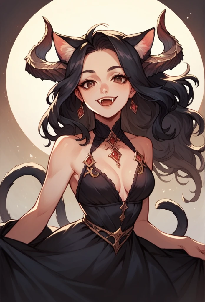 A beautiful woman, long wavy black hair, brown eyes, cat ears and tail, fangs, beautiful dress, horns, halfbody, fantasy world background