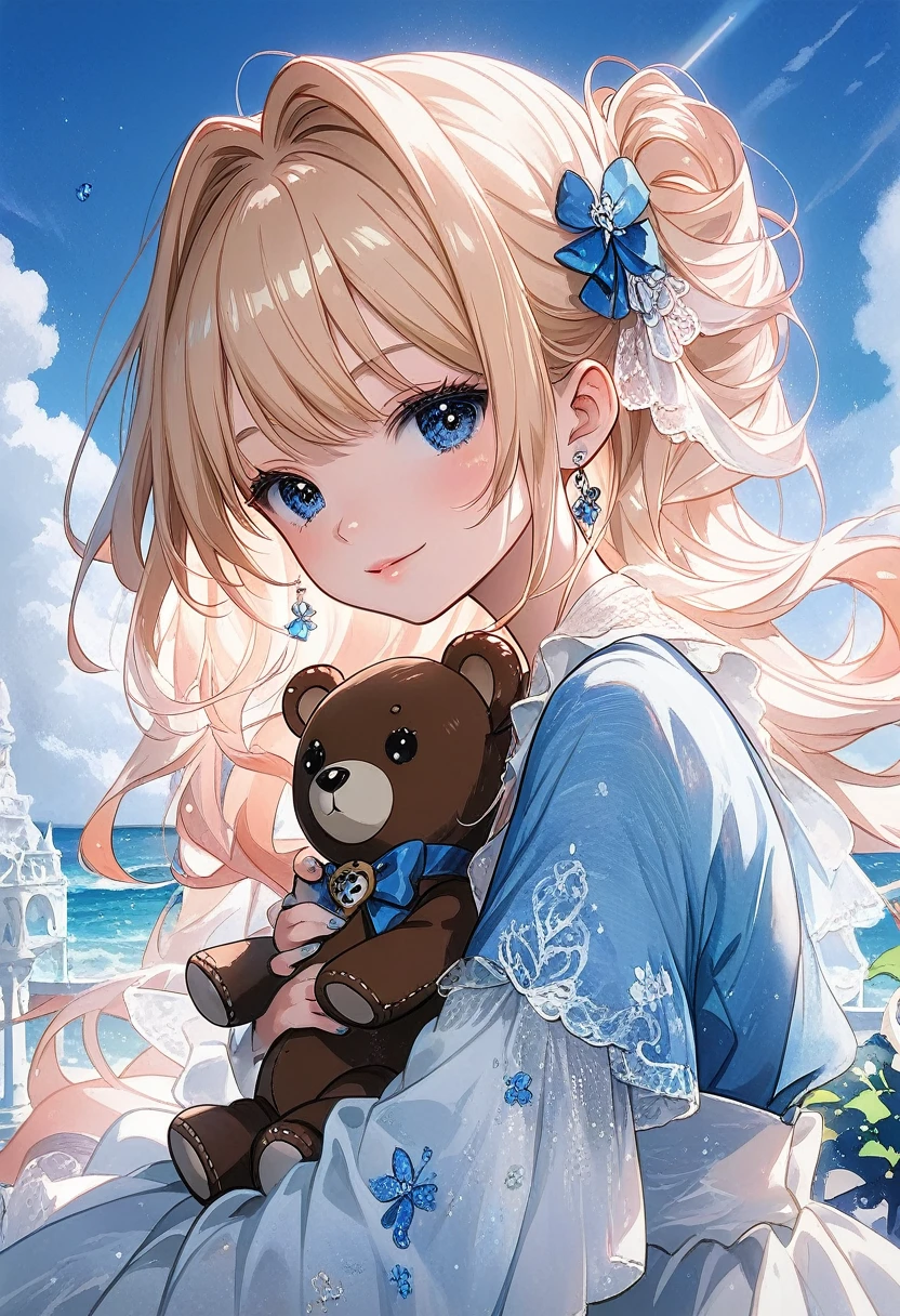 ((antique:1.5)),((hugging a teddy bear)),(Teddy bear),Beautiful and cute woman,1 Female,Solo,Sharp features,Sophisticated,((Watercolor:1.5)),whole body,Ultra-high resolution,((Attention to detail:1.5)),Highest quality,(vintage:1.4),(Cute pose:1.3),Alice,So adorable,model like,Fluffy atmosphere,(Accurate body),((antiqueな服)),(Super Detail),Fashionable hairstyle,