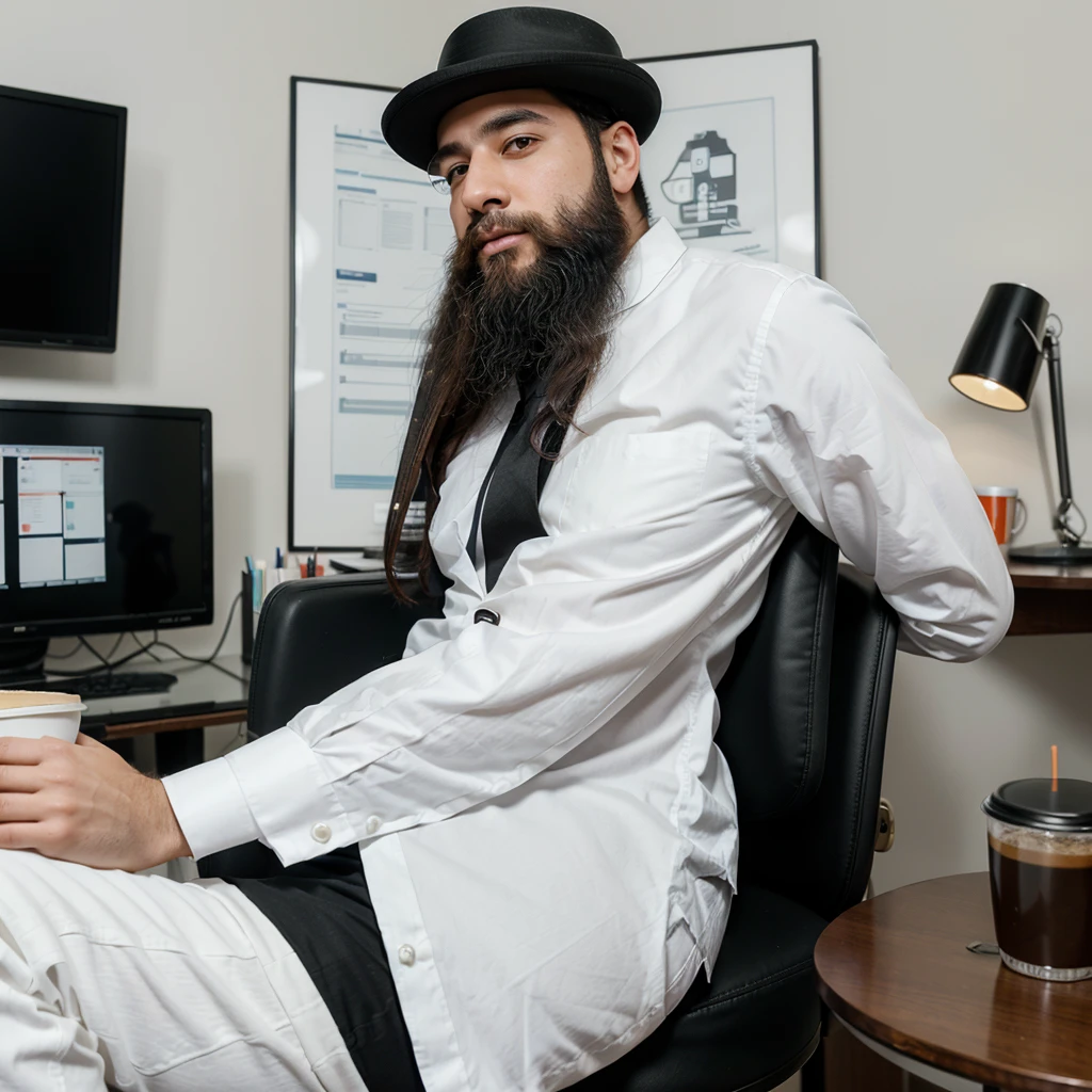 An ultra-Orthodox Jewish man with a beard wearing a white shirt and black pants that cover the entire leg sits on a fancy office chair and looks with pleasure and satisfaction at a robot that finishes drawing an amazing piece on the computer screen. The image is realistic and creates an amazing optical feeling, and everything is inside a fancy office