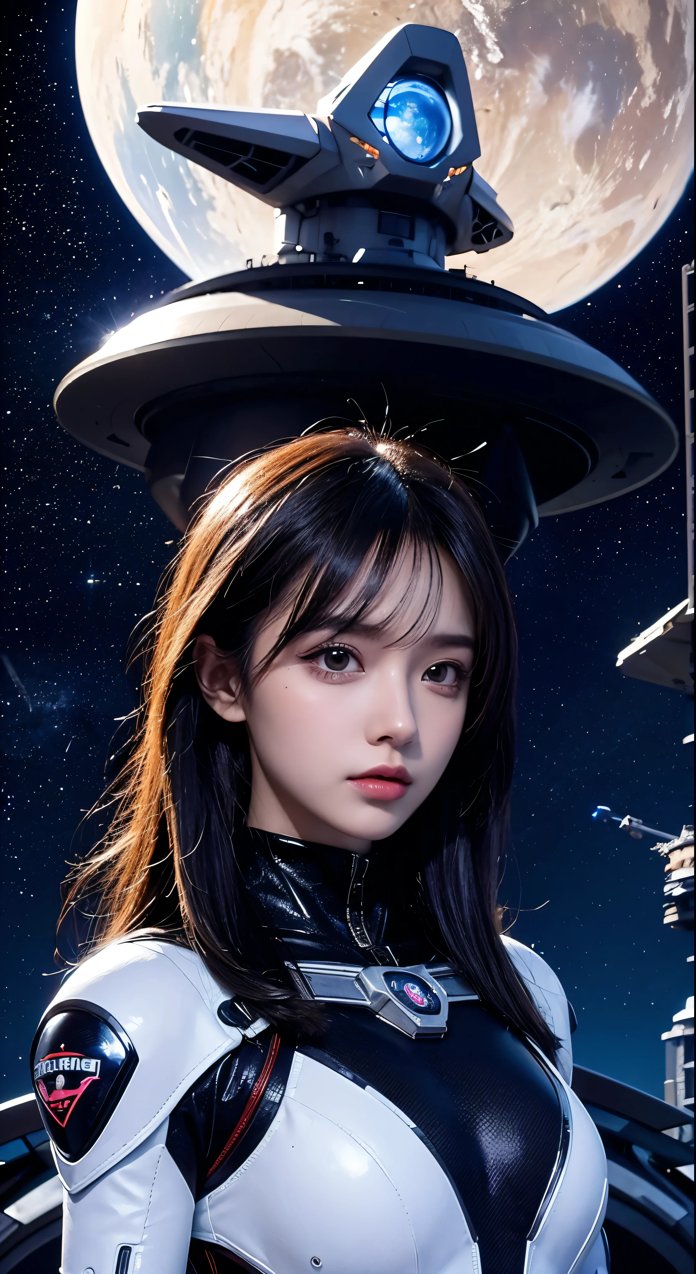 Arafee image of a woman in a futuristic suit with a spaceship in the background、In front of the planet background、Cinematic art、Female protagonist、Megastructure in the background、AI Astronaut Portrait、Astronaut Skeletor portrait、Perfect android girl、Beautiful astronaut，Facial details