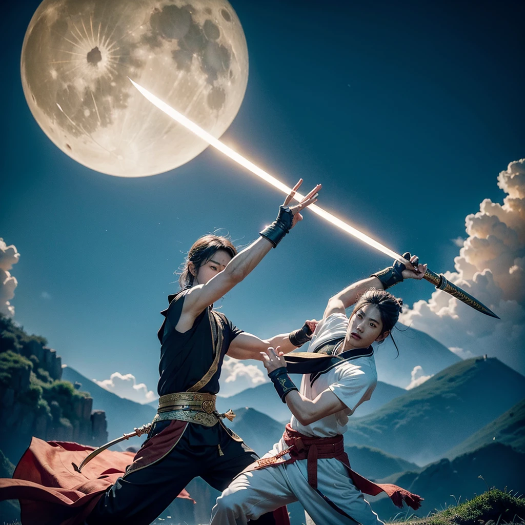 Ancient artifacts in the age of mythology，Beginning to innovate the world view，Create the moment of the ancient world. The Shang Dynasty era. The ancient old-fashioned Chinese sky and earth. Ancient times. The Classic of Mountains and Seas. The world style is sometimes like a TV costume movie. Martial arts movies. Cloth swords, wooden swords, bag halberds. Hollywood fight scenes. Shang Dynasty world view. Hanfu. Martial arts drama. The six main characters appear. The body glows and the super genius has six talents in the stunning martial arts scene.，Six different roles，six duels，Duel Meditation Kill Image, This sword, halberd, tactics, spells, magic art, flying around requires a fantasy fairy-like duel with lighting scenes, a battle of no return, Swordsman, Tianlong, Eight Parts, Legend of the Condor Heroes, The Legend of the Condor Heroes, Full Moon Scimitar, Thunderbolt International Multimedia Tianyu International Multimedia Gods and Demons International Multimedia Zheng Wen Style Ink Comics Martial Arts Gu Long Martial Arts Mortal Cultivation Immortal Thunderbolt Golden Light Thunderbolt City Sensational Martial Arts Master