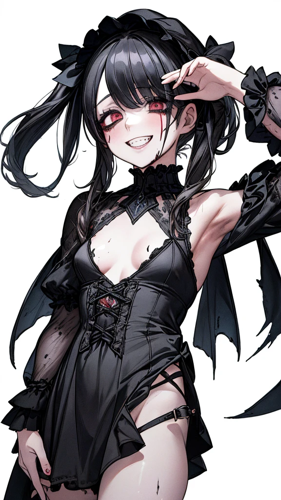 (Masterpiece: 1. 2, top quality), (live action, elaborate detail), (anatomically correct), (one girl, small breasts, open eyes, scary atmosphere, gothic ta outfit, distorted expression, evil smile, bloody eyes, blood splatter, full body, twin tails, black hair, (dark circles under eyes), white, morbid, crazy eyes, ( grin), dramatic makeup, mixed media art, white background