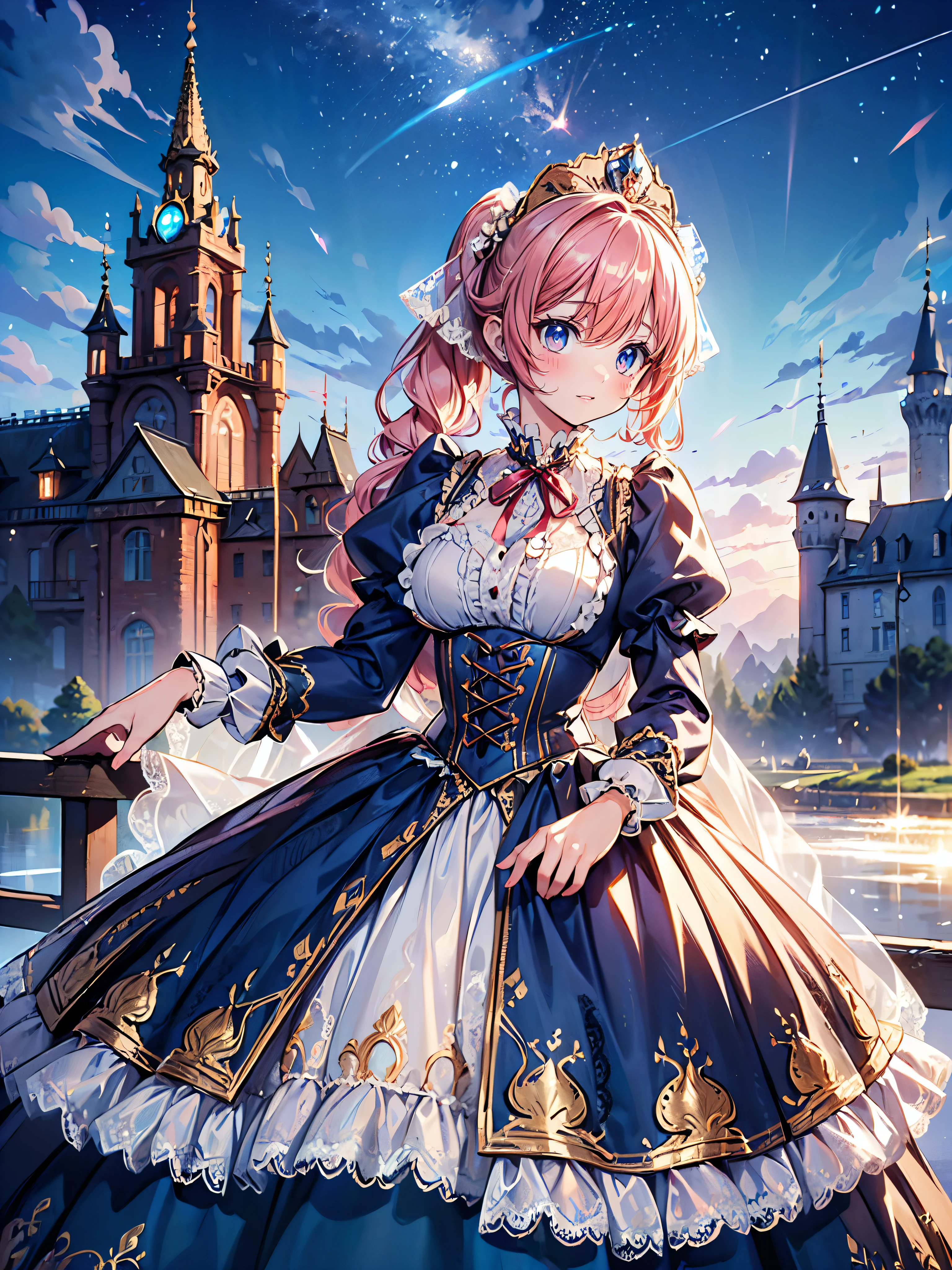 ((Superbly detailed drawing, ultra detailed, exquisite quality, absolutely resolution)), (((young face solo princess))), (((Unsurpassed gorgeous rococo victorian gown with voluminous huge hoopskirt and long hems, princess style skirt:1.5))), ((transparency gown, fluffy and full of pleats skirt:1.3)), (Super detailed and intricate exquisite design gown:1.5), ((overwhelming amount many ruffles with ribbons with intricate lace with Super detailed and intricate embroidery:2)), ((huge breasts, breasts cleavage)), (ponytail, fluffy long Expressive, hair pink hair), super voluminous long hair, hair ornament tiara, happy smile, ((looking up, from above, leaning forward, from front, curtsey:1.5)), (blurry background, depth of field:1.35), super detailed skin, super delicate and beautiful face, (eyes blue eyes), (backlighting, particle effect, caustics), (((sharp focus))), ((fantasy castle, night sky)), (magnificent panorama view, dynamic angle:1.3),