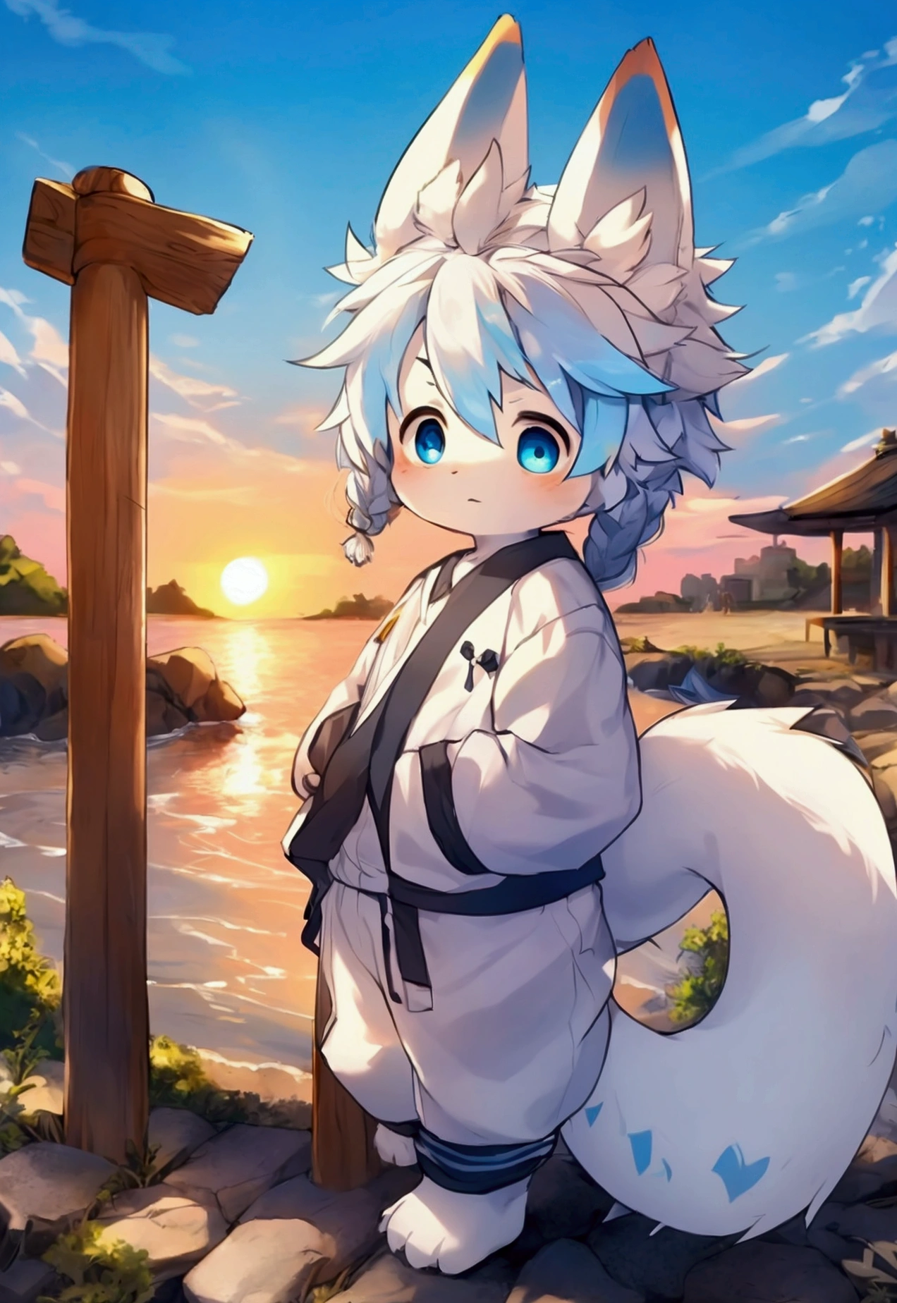 Blue hair,White hair,Blue dragon tail,The end of the tail has white fuzz,White sweatshirt,hairy,God of Art Super Top Quality, Super detailed, High resolution, Anime cute art style, The best anime, 8k, Kona sauce wallpaper, Pixiv Contest Winners, Perfect anatomical structure, , (Energetic teenager, 13 years old:1.3), High resolution详细的头发,White wide-leg pants,at the seaside,Blue sky,Sunset,Iris and pupil are well proportioned,Blue pupils,Blue ears,Single,Braided hair at the back