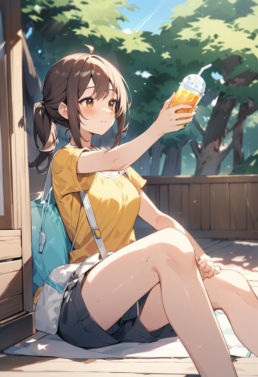 masterpiece, Highest quality,One girl, alone, Backpack, drinking, bag, Twin tails, Sitting, Black Hair,Completely naked, Iris, Outdoor,, drinking straw, socks,  around waist, Jacket, Day焼け, Ground vehicles, cup, drink, Long Hair, Day, scenery, Brown Hair, bench, Power lines, Grass