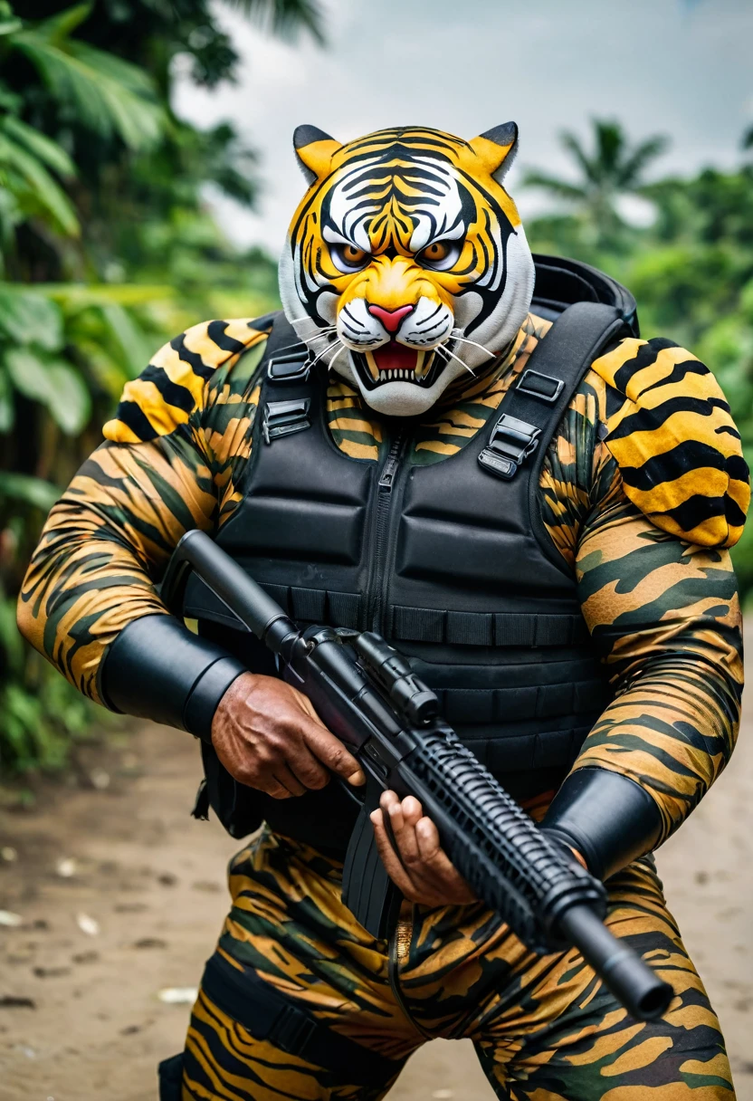 (a dark-skinned fat muscular old man in a bulky camouflage zipper diver suit) shooting with a gun and (wearing roaring siberian tiger mask that show the wearer eyes), muscular, Basuki Abdullah, sumatraism, action, a character portrait, heroic, fierce, snarling, raising fist