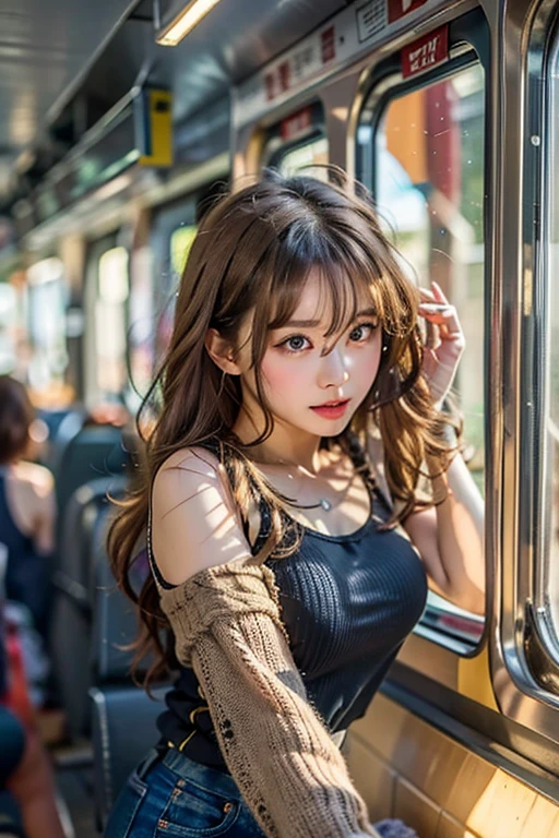 ((Highest quality)), ((masterpiece)), (detailed), ((Highest quality))、RAW、4K、High resolution、Perfect Face, Japanese、28 years old、female、light light brown hair、Black Tank Top、Wearing jeans、profile、Riding a crowded train、Looking out the window、