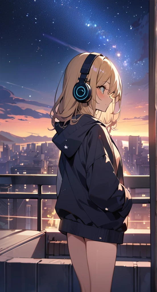 ((masterpiece)),(((bestquality))),((ultra-detailed)),octans, sky, star (sky), scenery, starry sky, night, 1girl, wearing headphone,stands on the rooftop, night sky, solo, outdoors, building, cloud, milky way
At dusk、A cute girl in a hoodie and headphones is watching the sunset on the beach。Her hair is blonde、semi-long。Madhouse-like colors。A touch like Makoto Shinkai。