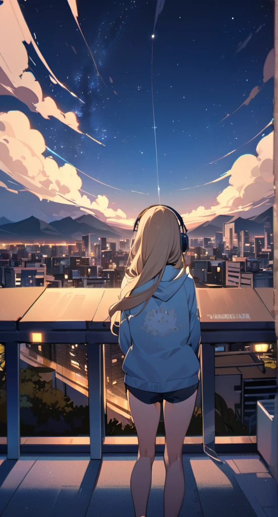 ((masterpiece)),(((bestquality))),((ultra-detailed)),octans, sky, star (sky), scenery, starry sky, night, 1girl, wearing headphone,stands on the rooftop, night sky, solo, outdoors, building, cloud, milky way
At dusk、A cute girl in a hoodie and headphones is watching the sunset on the beach。Her hair is blonde、semi-long。Madhouse-like colors。A touch like Makoto Shinkai。