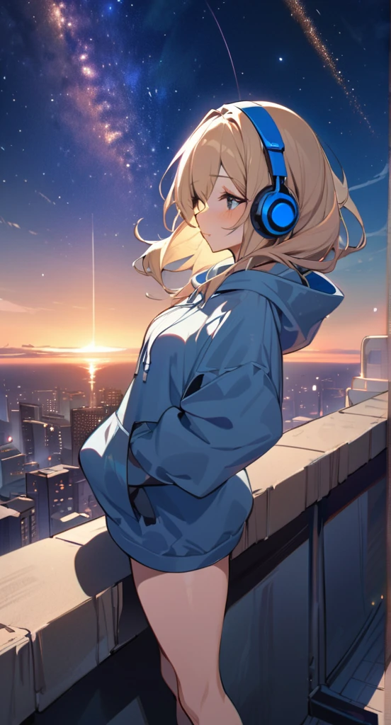 ((masterpiece)),(((bestquality))),((ultra-detailed)),octans, sky, star (sky), scenery, starry sky, night, 1girl, wearing headphone,stands on the rooftop, night sky, solo, outdoors, building, cloud, milky way
At dusk、A cute girl in a hoodie and headphones is watching the sunset on the beach。Her hair is blonde、semi-long。Madhouse-like colors。A touch like Makoto Shinkai。