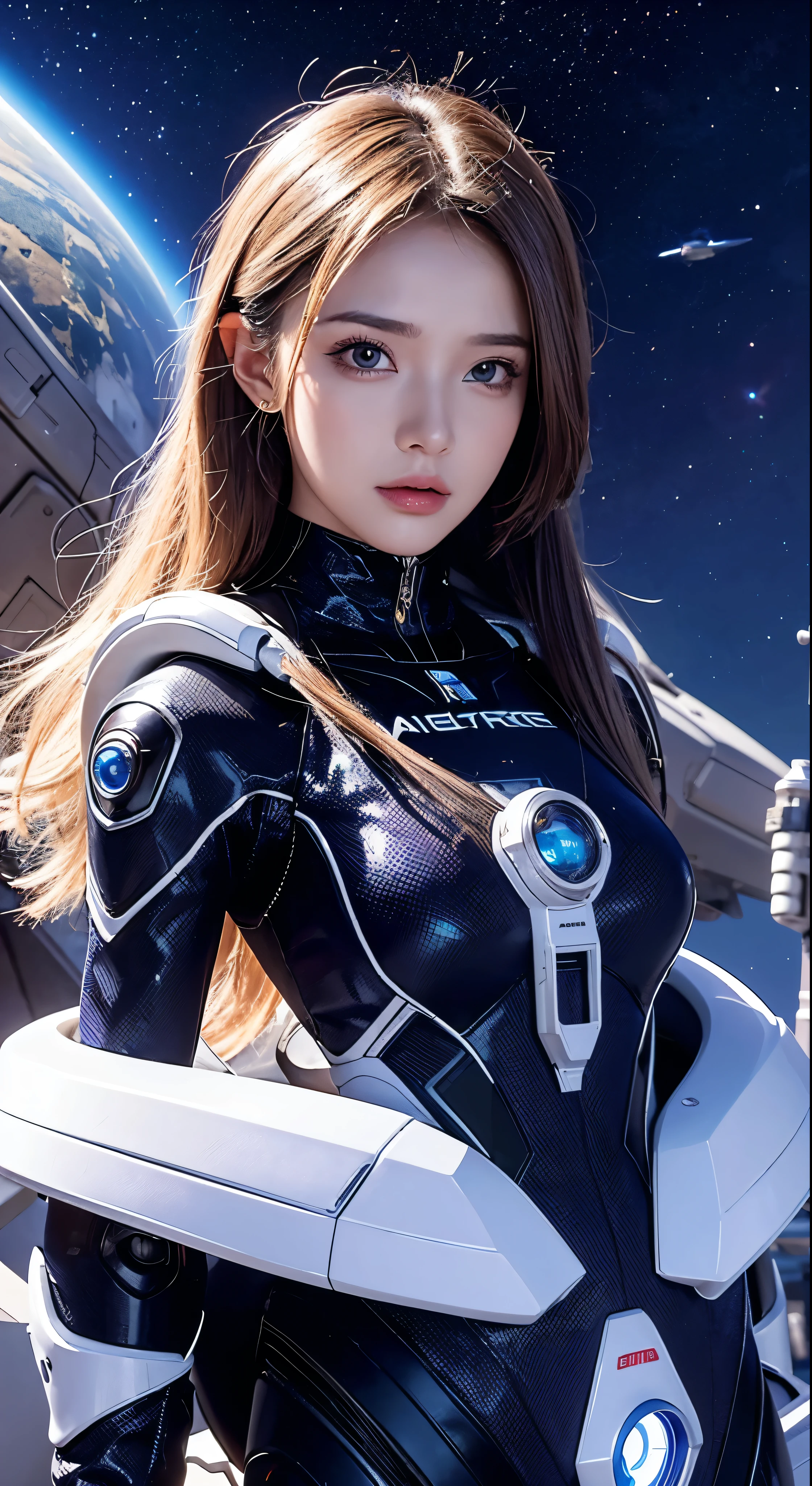 Arafee image of a woman in a futuristic suit with a spaceship in the background、In front of the planet background、Cinematic art、Female protagonist、Megastructure in the background、AI Astronaut Portrait、Astronaut Skeletor portrait、Perfect android girl、Beautiful astronaut，Facial details