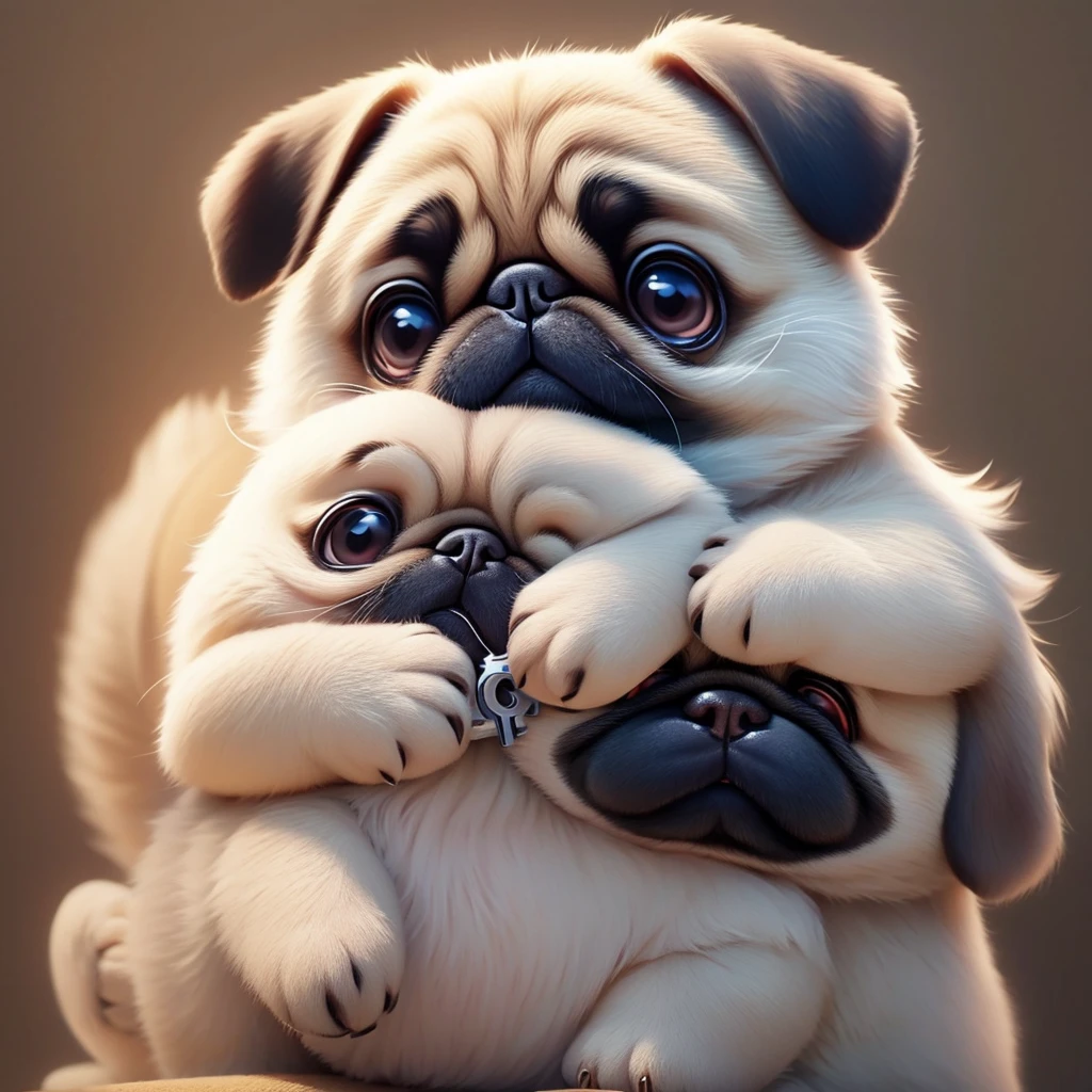 A pug holding tightly onto his favorite stuffed toy。A look of relief or、The key is to have slightly dreamy eyes.。