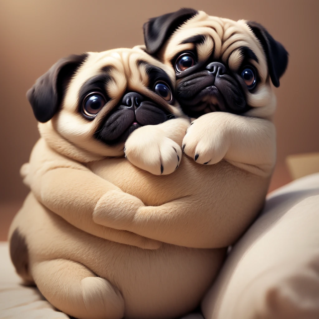 A pug holding tightly onto his favorite stuffed toy。A look of relief or、The key is to have slightly dreamy eyes.。