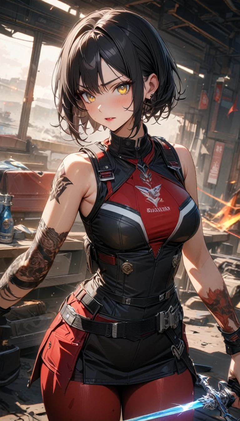 Adult woman, short black hair, yellow eyes, red lipstick, red tight battle dress, sleeveless, skirt, tattoo, burns, glass swords, Masterpiece, best quality, Full HD, 8k, ultra details, great graphic