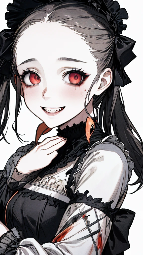 (Masterpiece: 1. 2, top quality), (live action, elaborate detail), (anatomically correct), (one girl, small breasts, open eyes, scary atmosphere, gothic lolita outfit, distorted expression, evil smile, bloody eyes, blood splatter, full body, twin tails, black hair, (dark circles under eyes), white, morbid, crazy eyes, ( grin), dramatic makeup, mixed media art, white background