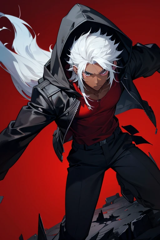 white spikey medium-length hair, dark skin, dark-skinned male, open black hooded jacket, red t-shirt, black pants, island background.