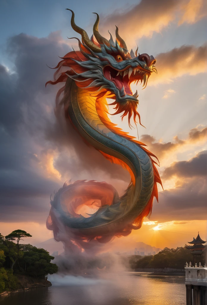 Cloud that looks like a Chinese Dragon illuminated by the rays of the setting sun