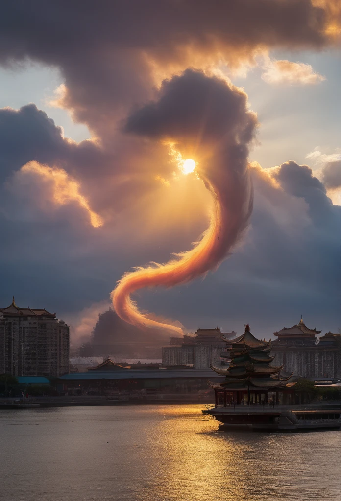 Cloud that looks like a Chinese Dragon illuminated by the rays of the setting sun
