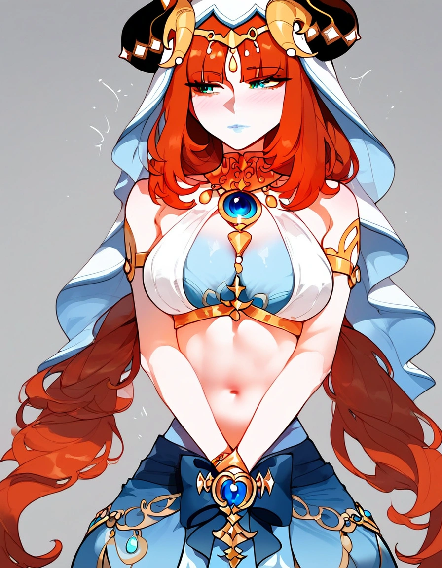 masterpiece, best quality, ultra-detailed, 1girl (namiop, Big and pretty breasts,naked body, jewelry, earrings, dog collar(chains), orange hair,long hair, brown eyes, empty eye), evil face, head tilt, solo, nude, nipples(rings), wanostyle, dark light, slave market, stage(many peoples),  weakly standing,Sexy  waist teasing, womb tattoos, 