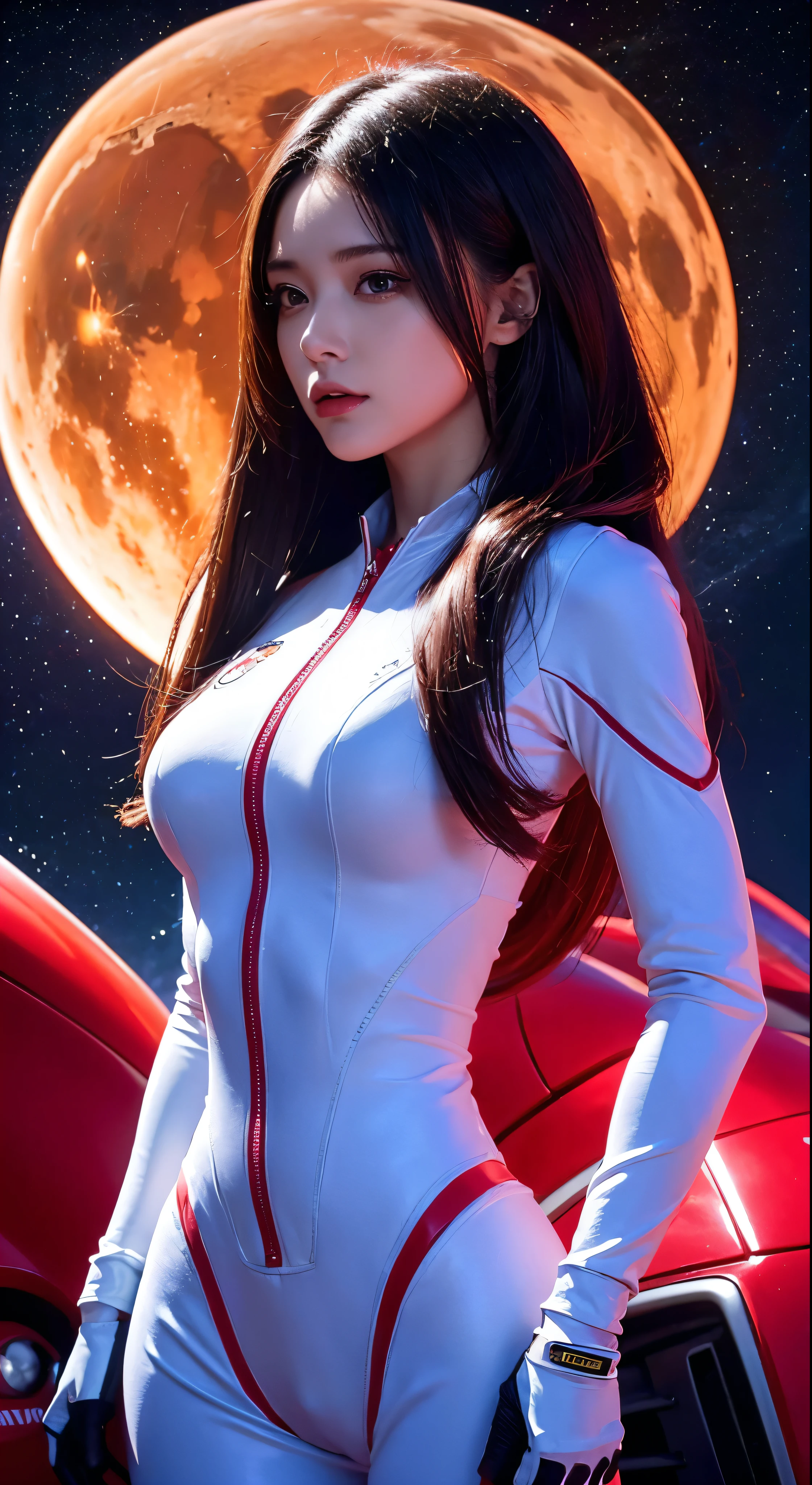 Arafe image of a woman in a futuristic red suit with a spaceship in the background、In front of the planet background、Cinematic art、Female protagonist、Megastructure in the background、AI Astronaut Portrait、Astronaut Skeletor portrait、Perfect android girl、Beautiful astronaut，Facial details