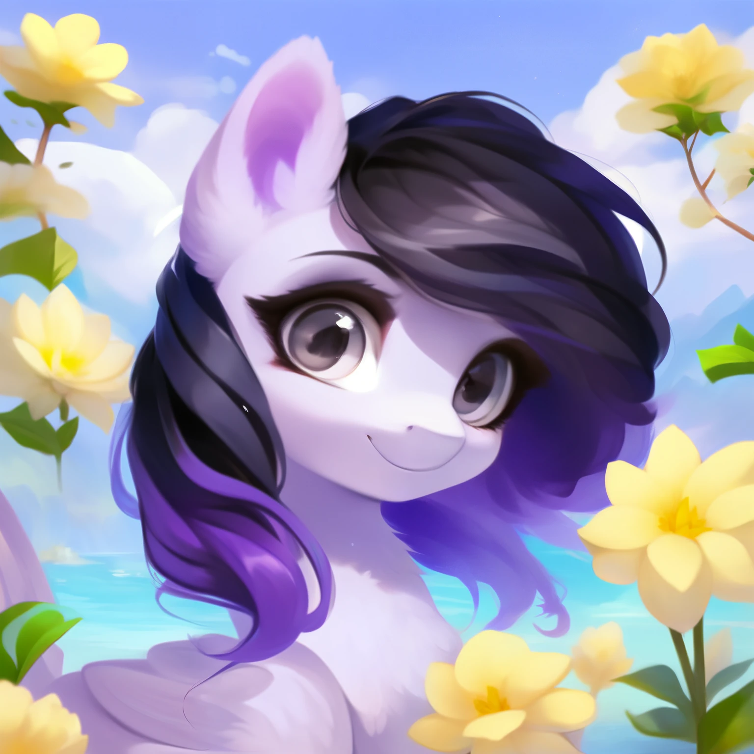 rating_safe, score_9, fluffy, feral pegasus pony, female,round cute face, Lavender purple body, black-purple mane, disheveled hair, soft and delicate long hair, clear grey eyes, grey eyes, smiling. dynamic。young and beautiful。in White shore flower sea