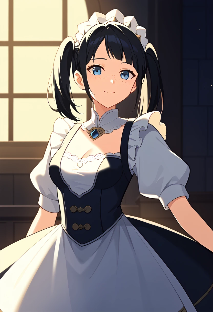 score_9, score_8_up, score_7_up, source_anime, best quality, high resolution, masterpiece, absurdres,vector trace,anime screencap, key art style, cinematic lighting, morning, 1girl, solo, standing, (upper body, close-up), medieval, dark background, ballroom, maid, happy, french maid outfit, cleavage, freckles, twin-tails, teenager, medium breasts, eccentric, black hair, blue eyes, :D, hand against skirt