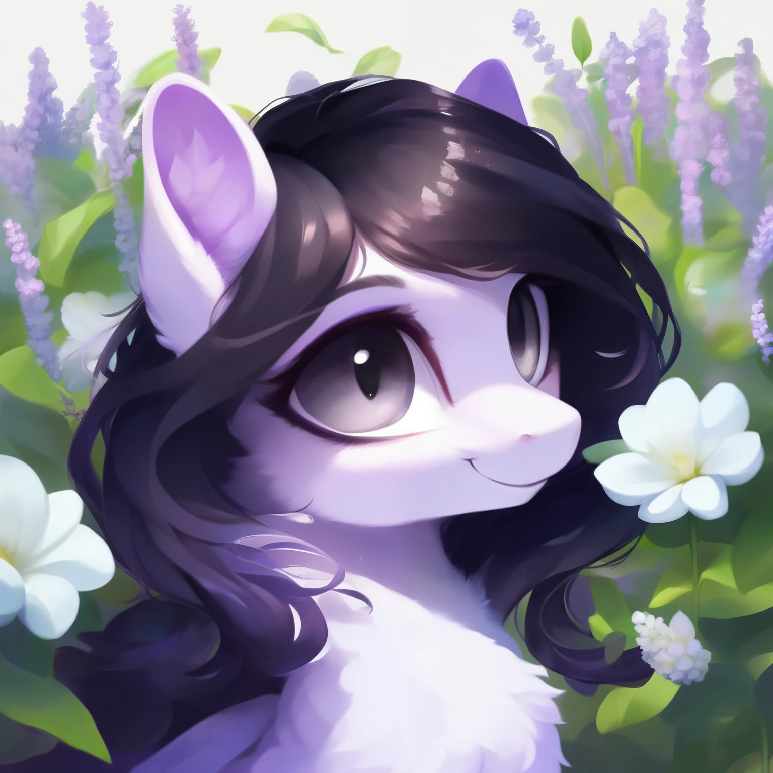 rating_safe, score_9, fluffy, feral pegasus pony, female,round cute face, Lavender purple body, black-purple mane, disheveled hair, soft and delicate long hair, clear grey eyes, grey eyes, smiling. dynamic。young and beautiful。in White shore flower sea