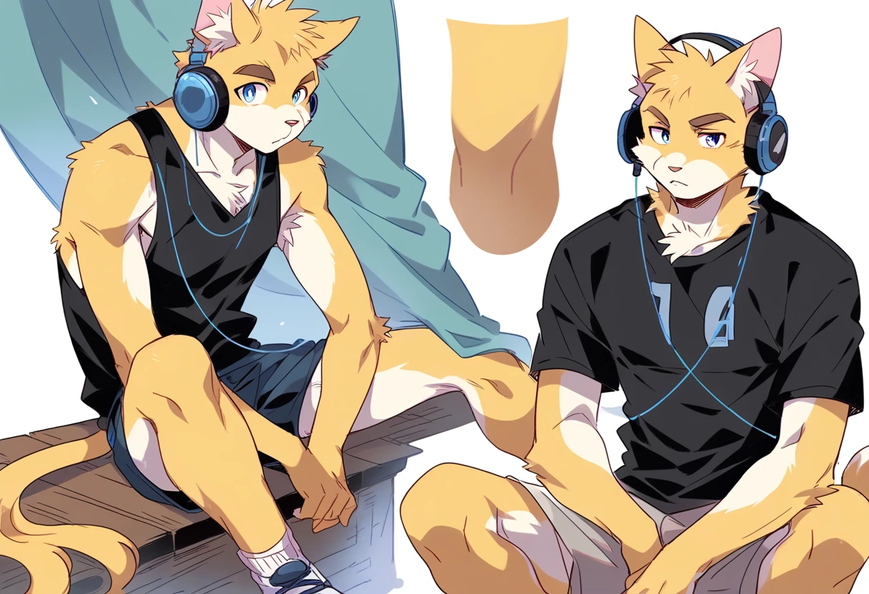 score_9, score_8_up, score_7_up, male, furry, high quality, hires, anthro, teenager, 16 years old, domestic cat, basketball player, bright yellow fur, blue eyes, wide brown eyebrows, confidant expression, humanoid feet, slim body, prominent v-line, prominent abs, prominent legs, prominent forearm, prominent knees, white background, treasure trail, armpit hair, furry legs, in various sexy poses, headphones, casual clothes, joggers, black shirt, shorts, sitting, showing off, folded arms