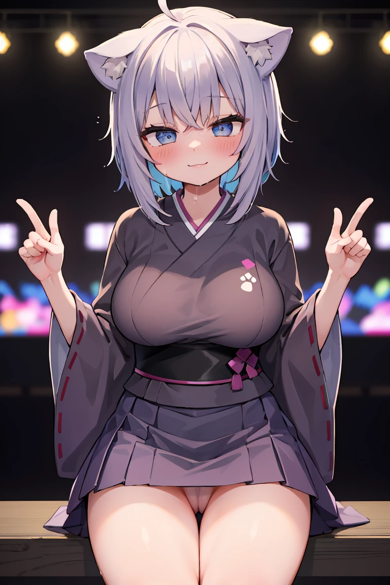 (masterpiece, high quality, 最high quality, High resolution, Detailed CG, Shadows in the movie, Movie Scenes, Beautiful attention to detail, Super Resolution, Depth of written boundary), Looking at the audience, Look down, (Blushing look on the cheeks:1.2), (Smiling expression:1.2), (Erotic expressions:1.0), blue eyes, Silver Hair, Gray Hair, short hair, Five Fingers, Good composition, Curvy, (kimono:1.0), (yukata:1.0), (Short-Skirt kimono:1.2), (Short-Skirt yukata:1.0) (Camel Toe), Thick thighs, thick, Large Breasts, Huge breasts, Wet, Dark Background, Blur the background,