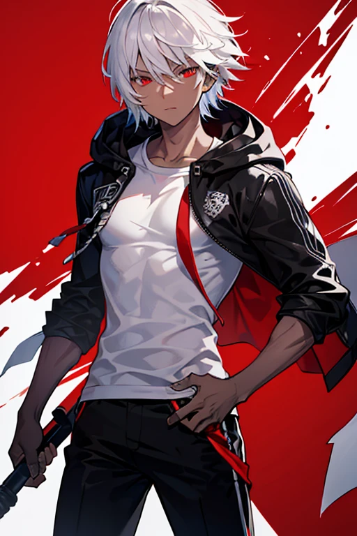 white spikey medium-length hair, dark skin, dark-skinned male, open black hooded jacket, red t-shirt, black pants, island background.