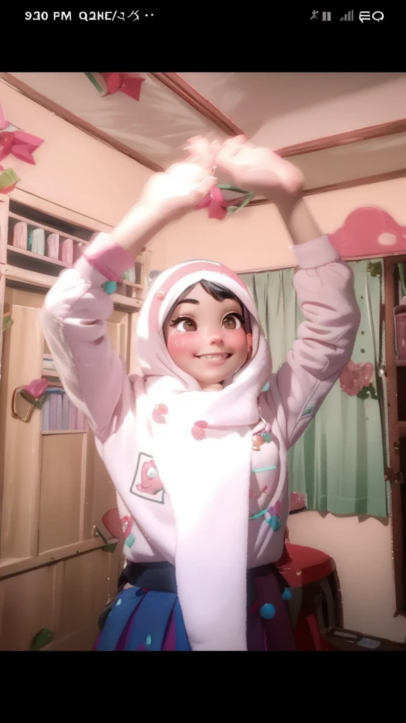 (Masterpiece, ultra-high quality, perfect anatomy, perfect body, perfect face, HD quality, best quality, best lighting, bedroom setting, perfect quality), (Vanellope von Schweetz) , (black hair with colored sprinkles, red ribbon, teal hoodie, large brown eyes, pink blush on cheeks, content expression, skirt), (medium breasts, small butt:1.2), , hot female, pov from above, (breedable), blushing, smiling, embarassed