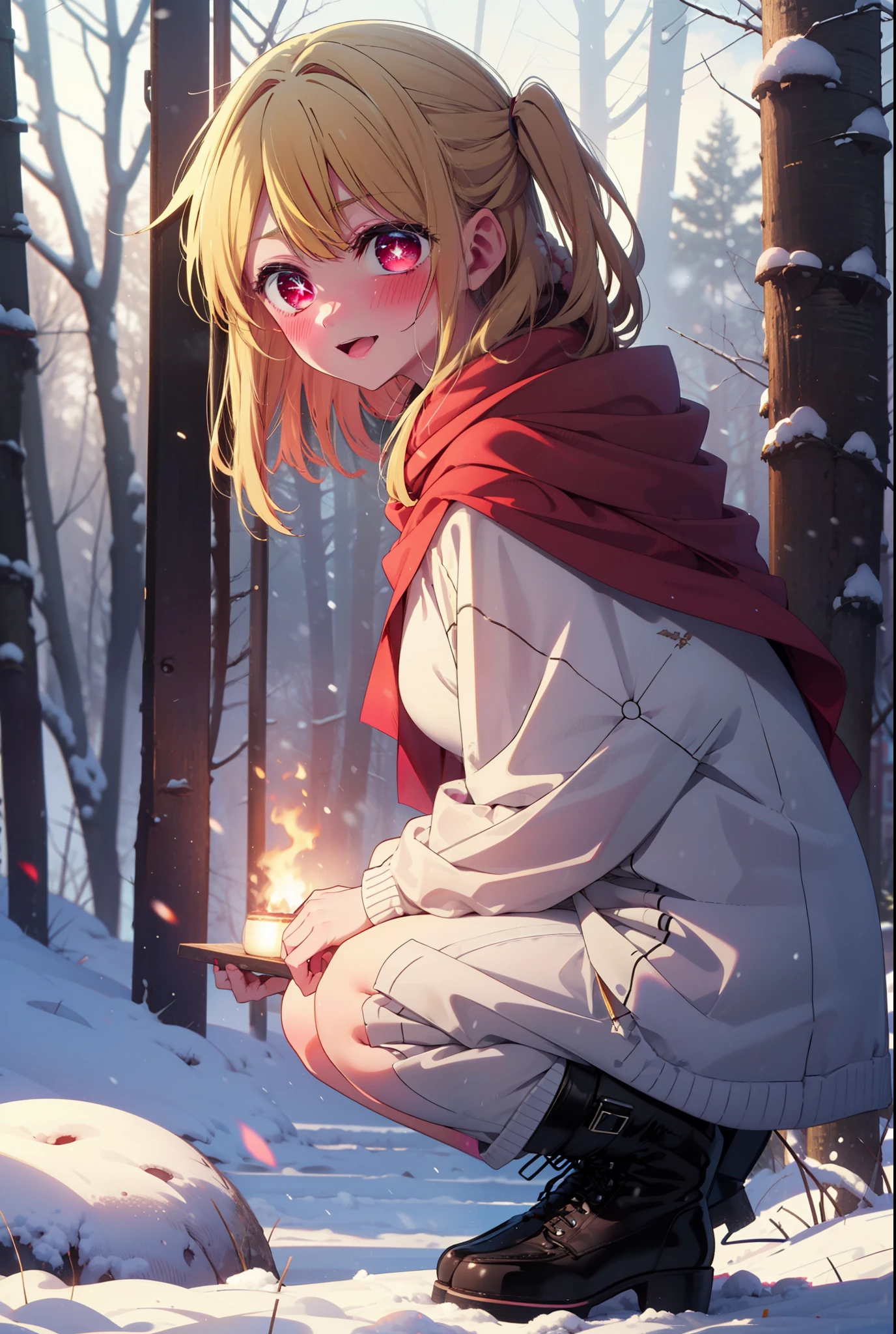 rubyhoshino, Hoshino Ruby, Long Hair, bangs, blonde, (Pink Eyes:1.3), Side Lock, (Symbol-shaped pupil:1.5), Multicolored Hair, Two-tone hair, smile,,smile,blush,white breath,
Open your mouth,snow,Ground bonfire, Outdoor, boots, snowing, From the side, wood, suitcase, Cape, Blurred, , forest, White handbag, nature, Squat, Mouth closed, Cape, winter, Written boundary depth, Black shoes, red Cape break looking at viewer, Upper Body, whole body, break Outdoor, forest, nature, break (masterpiece:1.2), Highest quality, High resolution, unity 8k wallpaper, (shape:0.8), (Beautiful and beautiful eyes:1.6), Highly detailed face, Perfect lighting, Extremely detailed CG, (Perfect hands, Perfect Anatomy),
