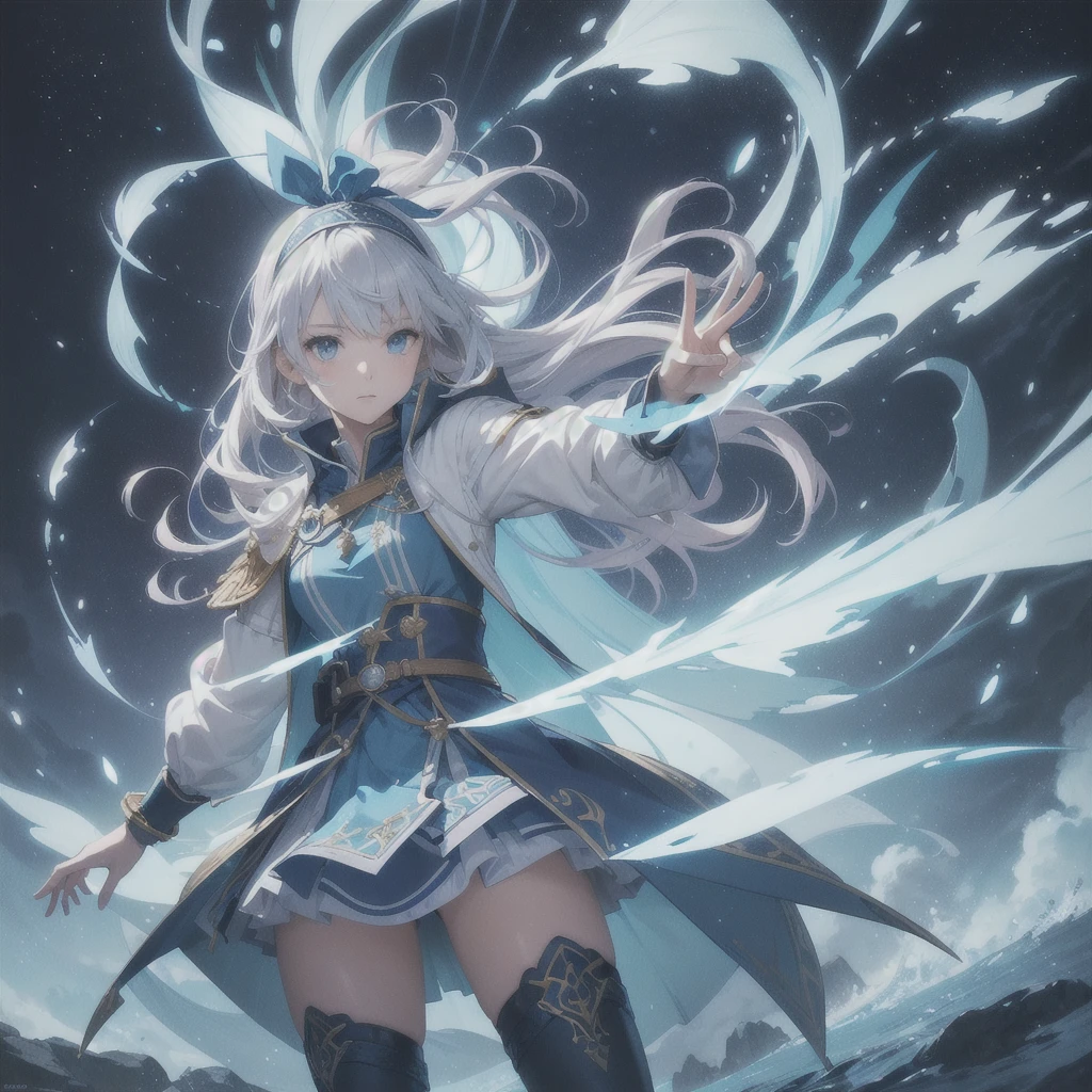 (Fantasy Illustration:1.3), (Front facing,Standing,Delicate facial expression,1 person:1.6), (anime,8k,masterpiece, Highest quality, Highest quality,beautifully、aesthetic:1.2,Professional illustrations:1.2,Super detailed:1.3), Very detailed, Most detailed, Incredibly absurd, High resolution, Super detaileded, (girl), Very exquisite beautiful face and eyes, A wizard-style tunic in blue and white.,A blue mini skirt following the jacket,tights,head band,Wristband,boots